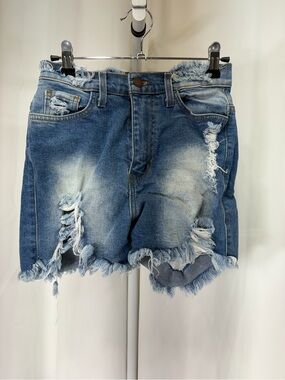 Frayed Hem Distressed Blue Denim Shorts 3535